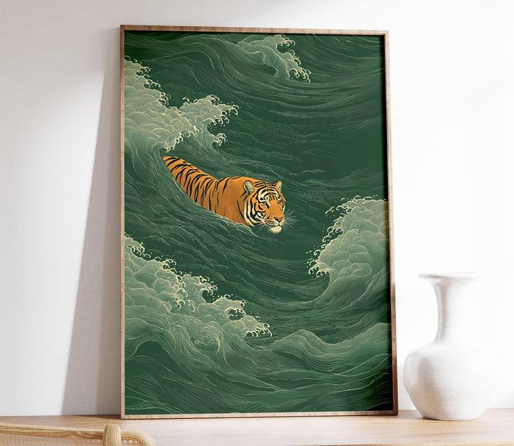 Japanese Tiger Swimming Wall Art Print, Ukiyo‑e Style Animal Illustration, Vintage Asian Inspired Home Décor, Bold Minimalist Art Print