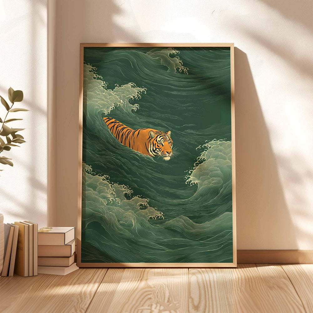 Japanese Tiger Swimming Wall Art Print, Ukiyo‑e Style Animal Illustration, Vintage Asian Inspired Home Décor, Bold Minimalist Art Print