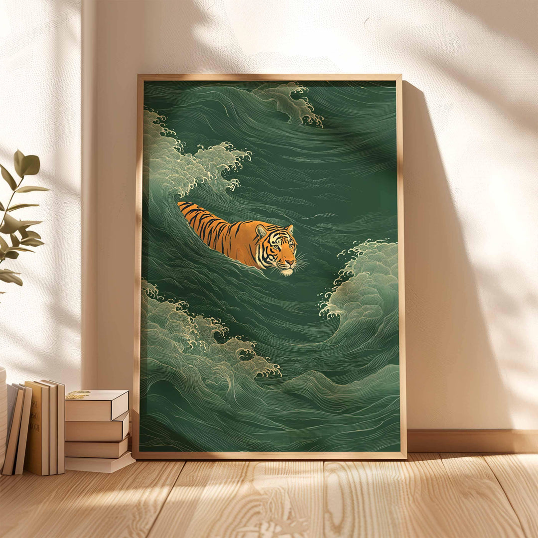 Japanese Tiger Swimming Wall Art Print, Ukiyo‑e Style Animal Illustration, Vintage Asian Inspired Home Décor, Bold Minimalist Art Print