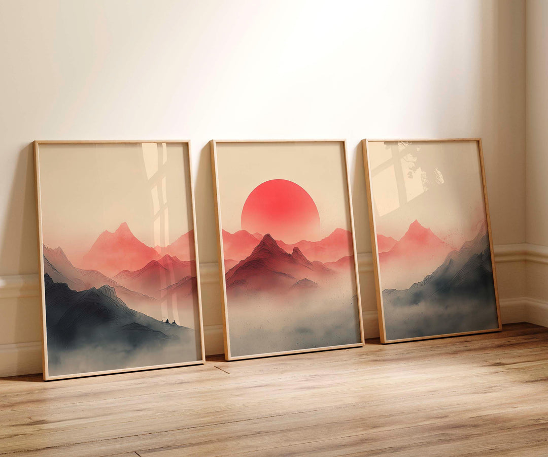 Japanese Mountains Set of 3 Wall Art Prints, Modern Asian Landscape Print Set, Contemporary Triptych Sunset Minimalist Zen Home Décor