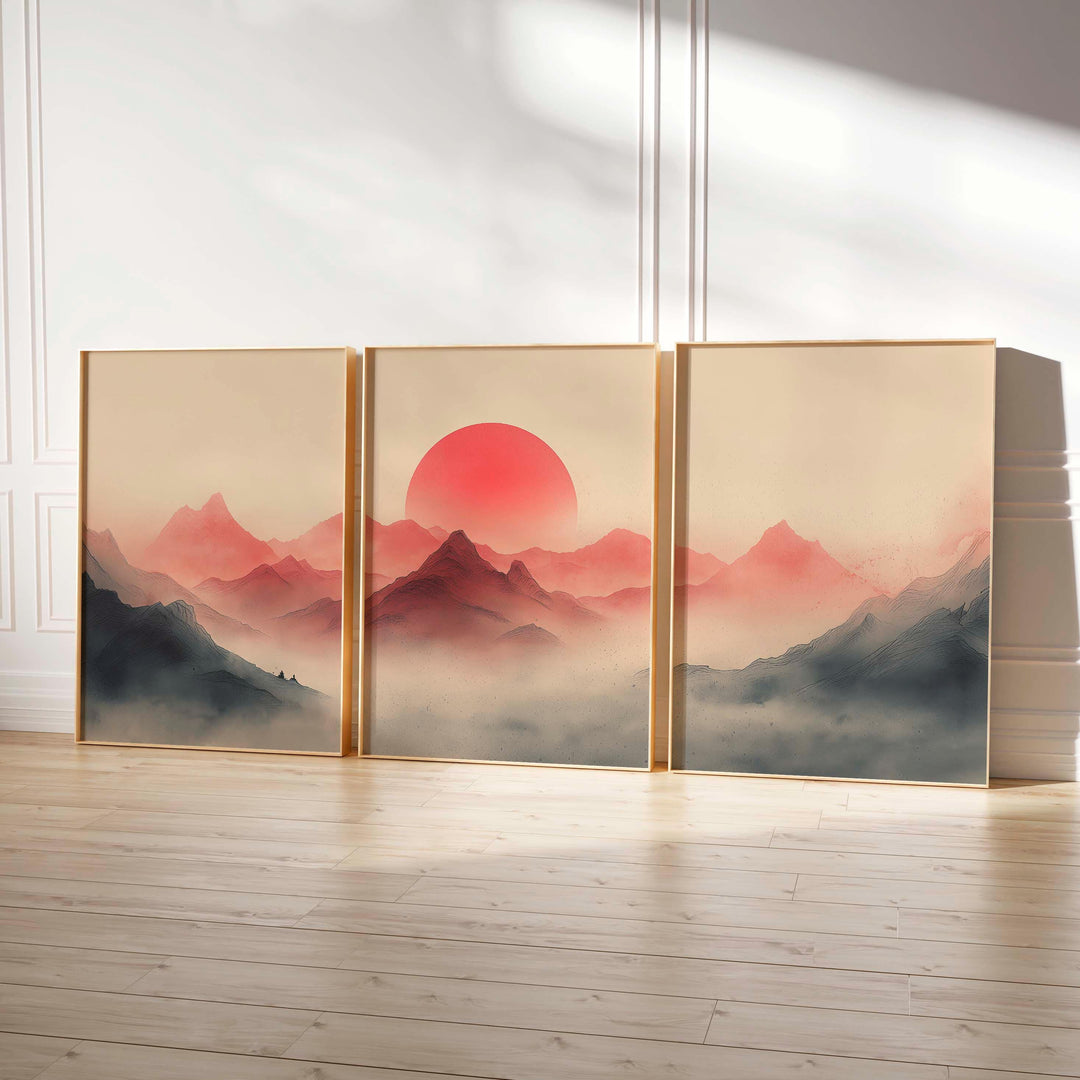 Japanese Mountains Set of 3 Wall Art Prints, Modern Asian Landscape Print Set, Contemporary Triptych Sunset Minimalist Zen Home Décor