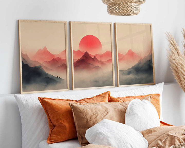Japanese Mountains Set of 3 Wall Art Prints, Modern Asian Landscape Print Set, Contemporary Triptych Sunset Minimalist Zen Home Décor