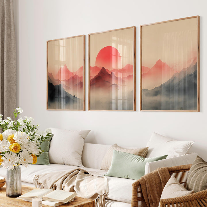 Japanese Mountains Set of 3 Wall Art Prints, Modern Asian Landscape Print Set, Contemporary Triptych Sunset Minimalist Zen Home Décor