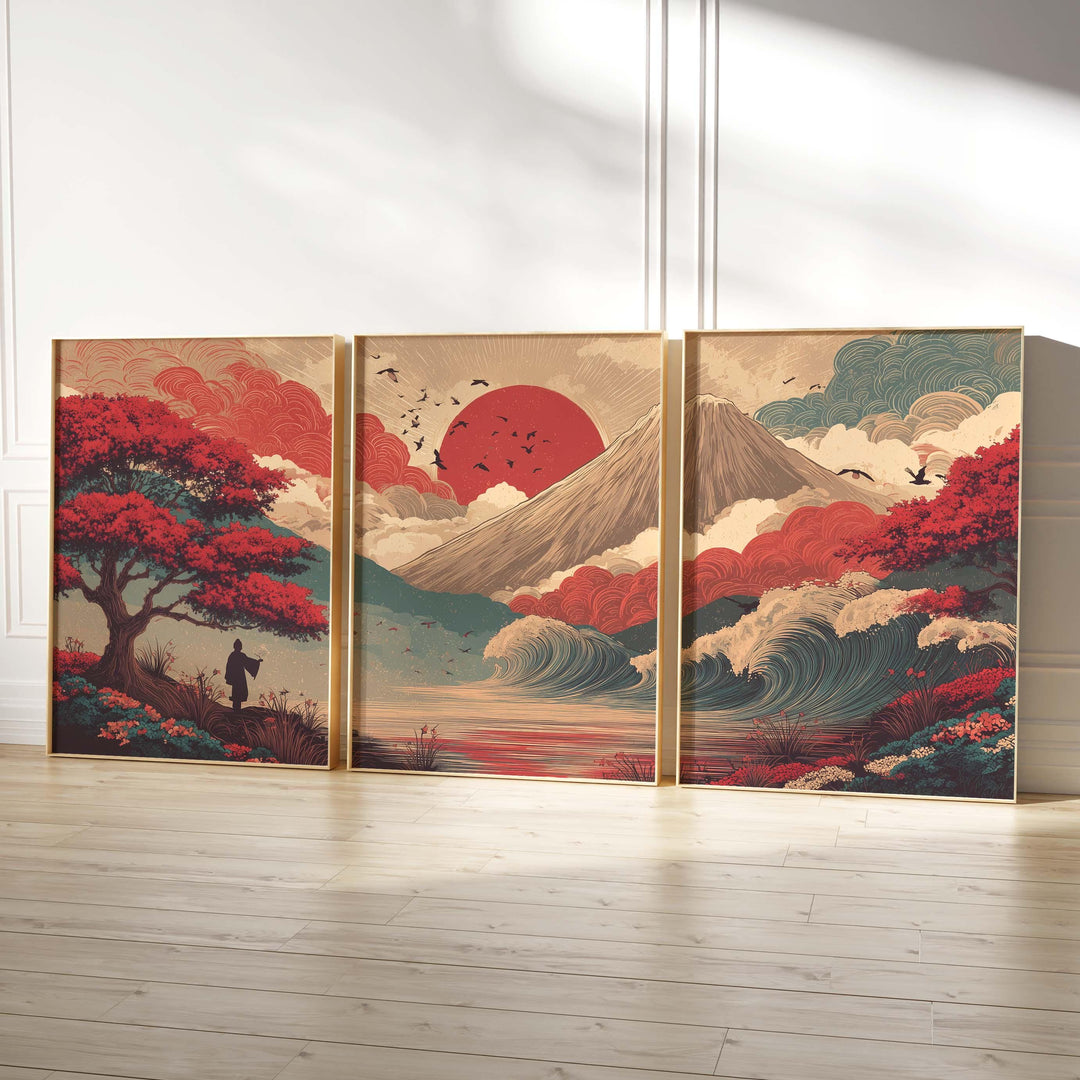 Japanese Landscape Set of 3 Wall Art Prints, Mountain & Sun Nature Triptych Print Set, Asian Inspired Scenic Artwork, Oriental Home Décor