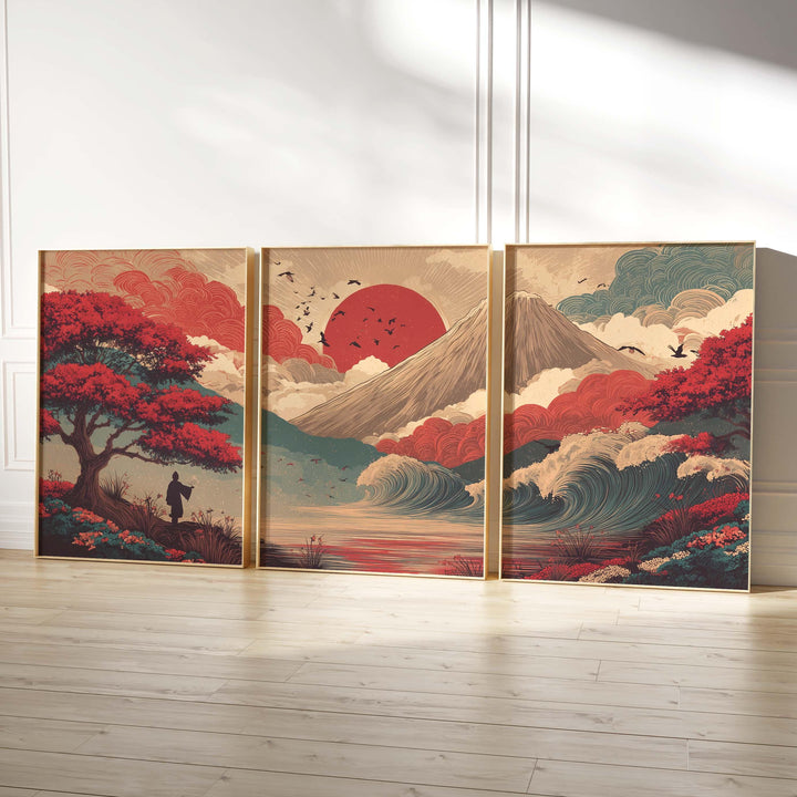 Japanese Landscape Set of 3 Wall Art Prints, Mountain & Sun Nature Triptych Print Set, Asian Inspired Scenic Artwork, Oriental Home Décor