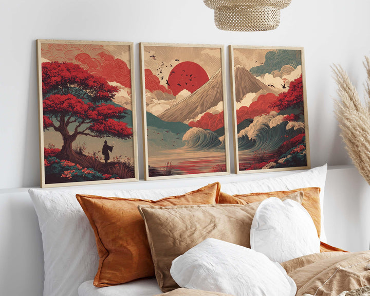 Japanese Landscape Set of 3 Wall Art Prints, Mountain & Sun Nature Triptych Print Set, Asian Inspired Scenic Artwork, Oriental Home Décor