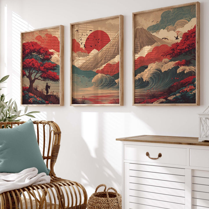 Japanese Landscape Set of 3 Wall Art Prints, Mountain & Sun Nature Triptych Print Set, Asian Inspired Scenic Artwork, Oriental Home Décor