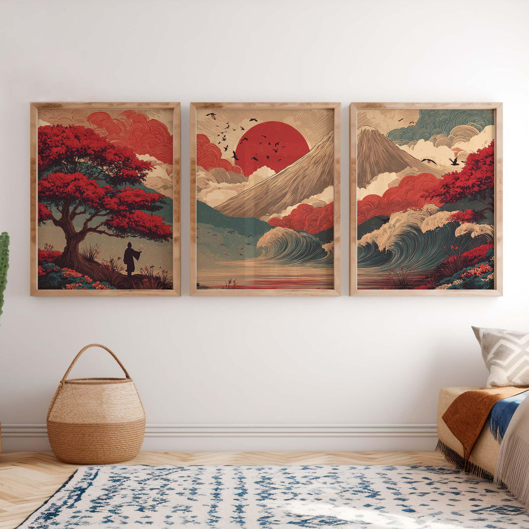 Japanese Landscape Set of 3 Wall Art Prints, Mountain & Sun Nature Triptych Print Set, Asian Inspired Scenic Artwork, Oriental Home Décor