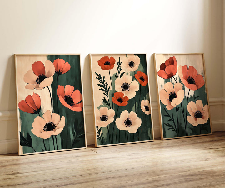 Set of 3 Botanical Flower Prints, Modern Floral Wall Art Trio, Neutral Poppy Illustration, Contemporary Boho Home Décor Set