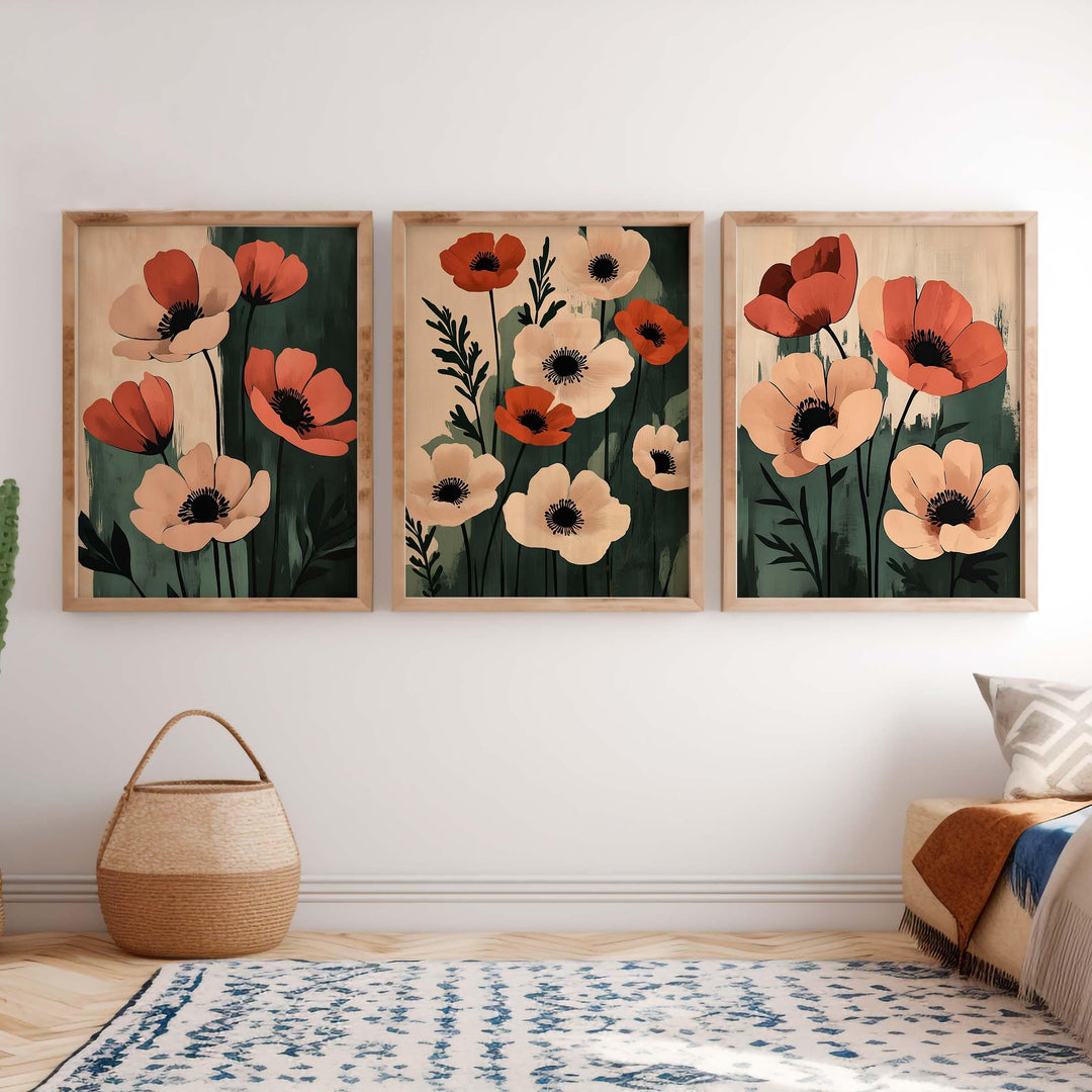Set of 3 Botanical Flower Prints, Modern Floral Wall Art Trio, Neutral Poppy Illustration, Contemporary Boho Home Décor Set
