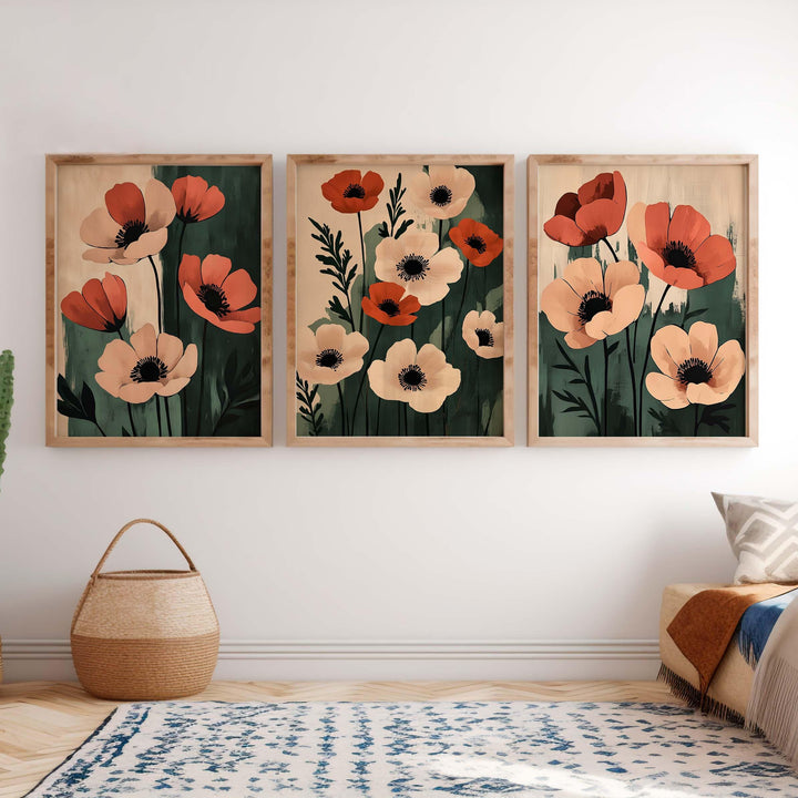 Set of 3 Botanical Flower Prints, Modern Floral Wall Art Trio, Neutral Poppy Illustration, Contemporary Boho Home Décor Set