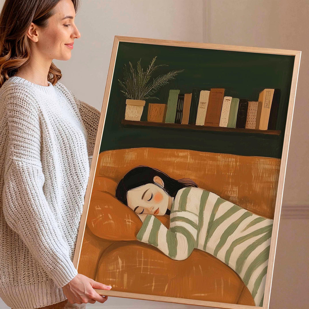 Modern Abstract Figurative Wall Art, Woman Resting Illustration, Trendy Contemporary Figure Print, Striped Woman Aesthetic Home Art