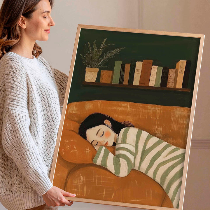 Modern Abstract Figurative Wall Art, Woman Resting Illustration, Trendy Contemporary Figure Print, Striped Woman Aesthetic Home Art