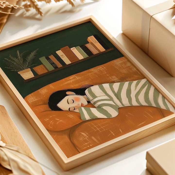 Modern Abstract Figurative Wall Art, Woman Resting Illustration, Trendy Contemporary Figure Print, Striped Woman Aesthetic Home Art