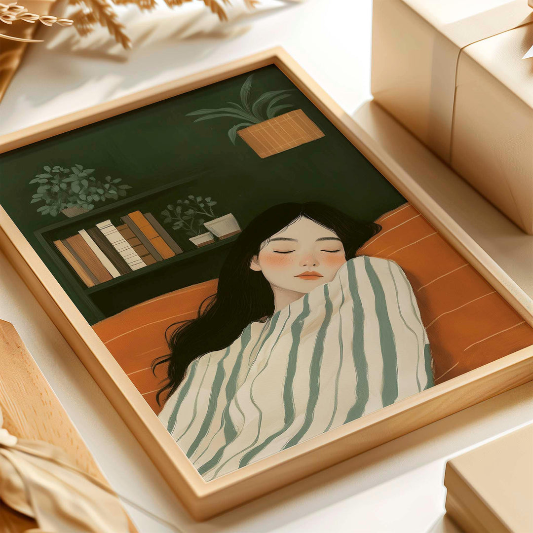 Serene Abstract Figurative Striped Wall Art, Woman Resting Illustration, Calm Painterly Emerald Green Figure Print, Neutral Self Care Décor