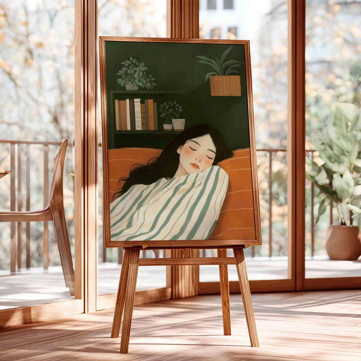Serene Abstract Figurative Striped Wall Art, Woman Resting Illustration, Calm Painterly Emerald Green Figure Print, Neutral Self Care Décor