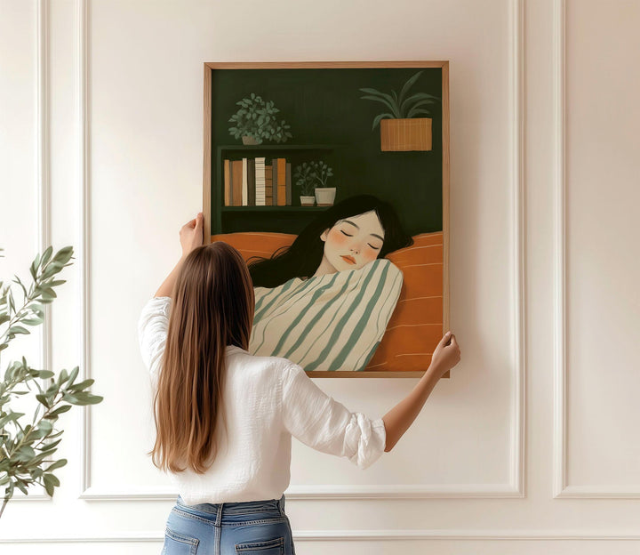 Serene Abstract Figurative Striped Wall Art, Woman Resting Illustration, Calm Painterly Emerald Green Figure Print, Neutral Self Care Décor