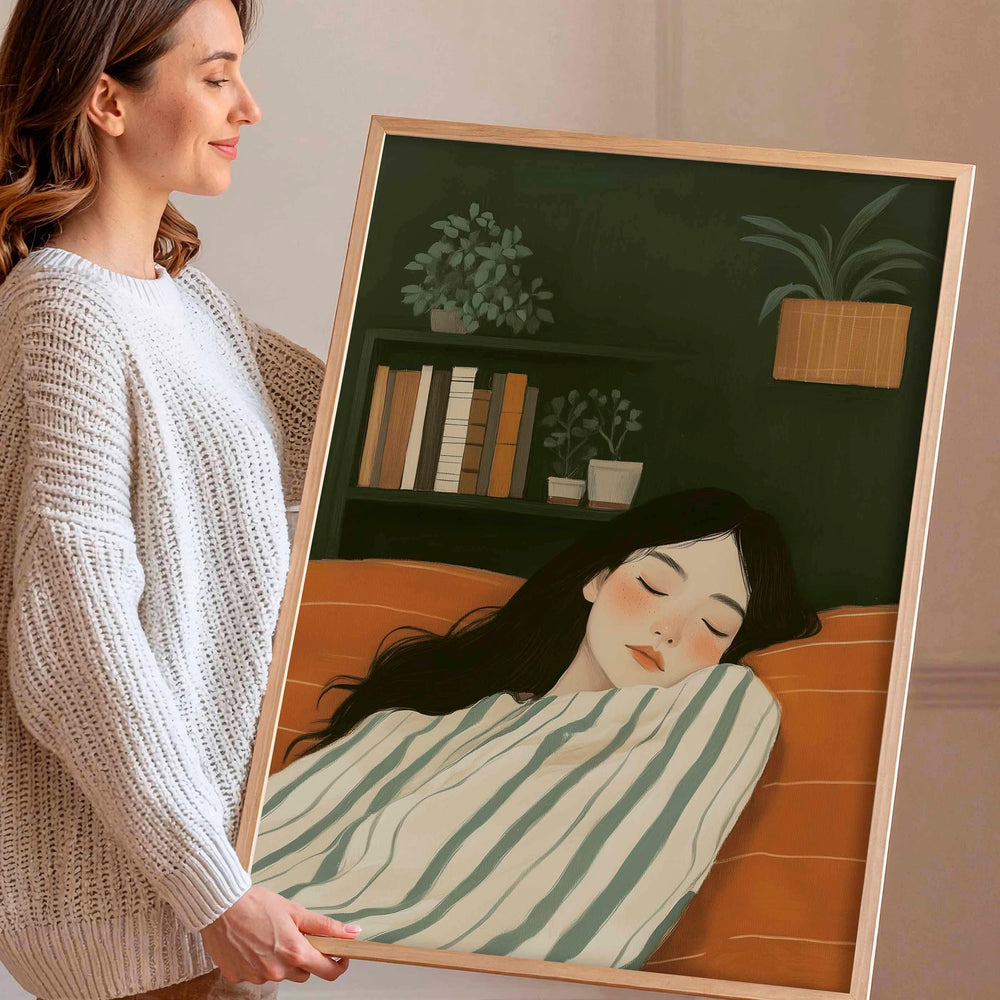 Serene Abstract Figurative Striped Wall Art, Woman Resting Illustration, Calm Painterly Emerald Green Figure Print, Neutral Self Care Décor