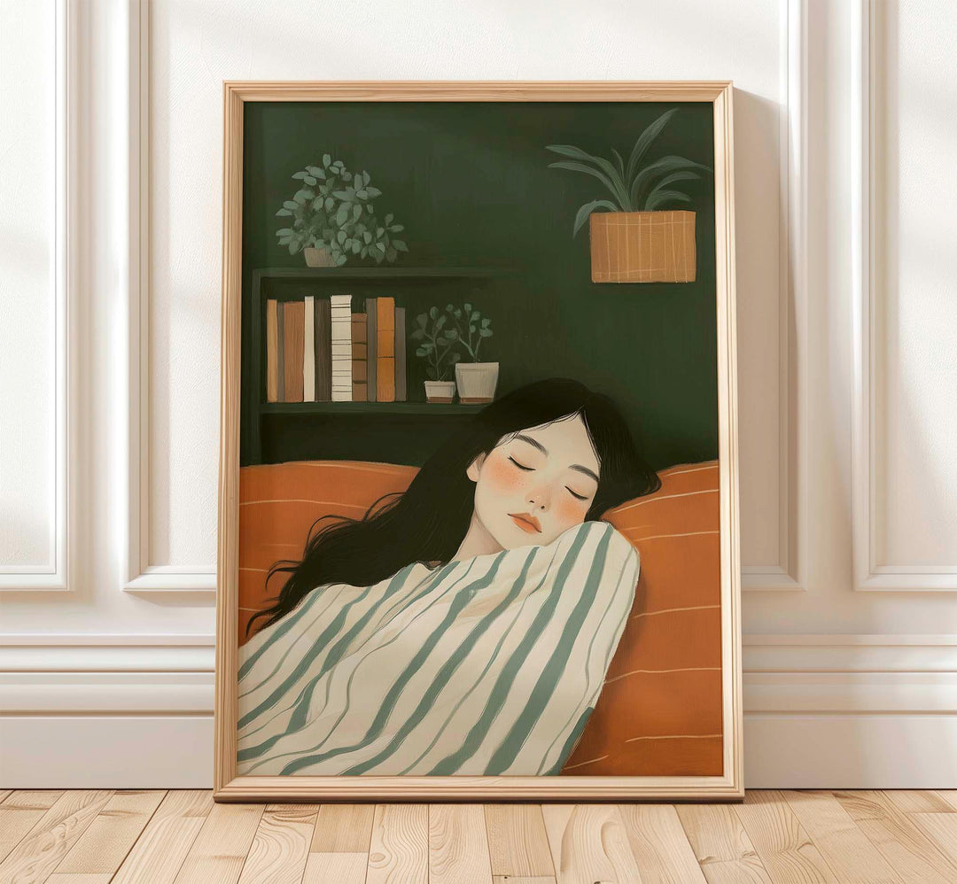 Serene Abstract Figurative Striped Wall Art, Woman Resting Illustration, Calm Painterly Emerald Green Figure Print, Neutral Self Care Décor