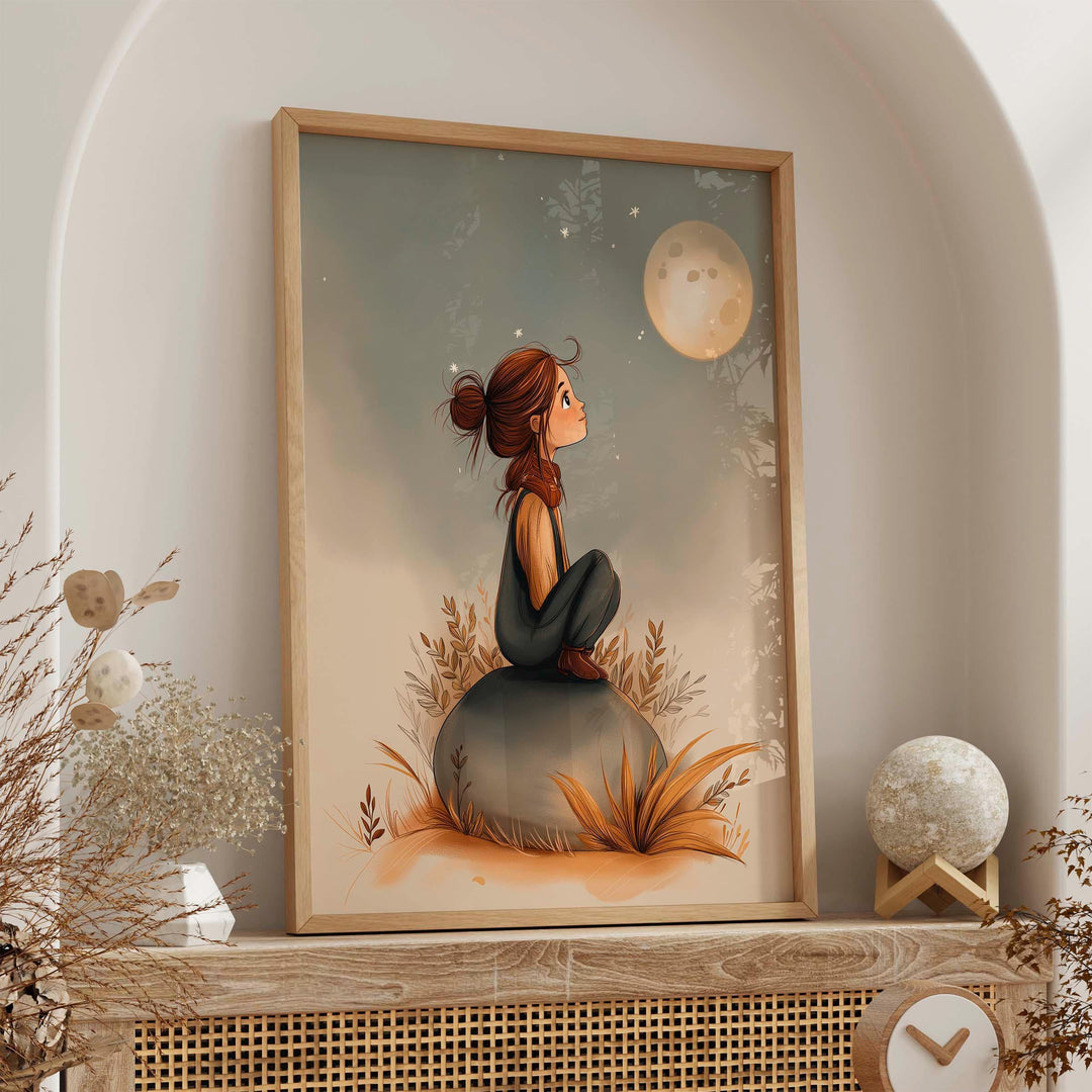 Girl And Moon Whimsical Wall Art, Moon And Stars Celestial Print, Kids Bedroom Home Decor, Birthday Gift For Her, Night Sky Poster