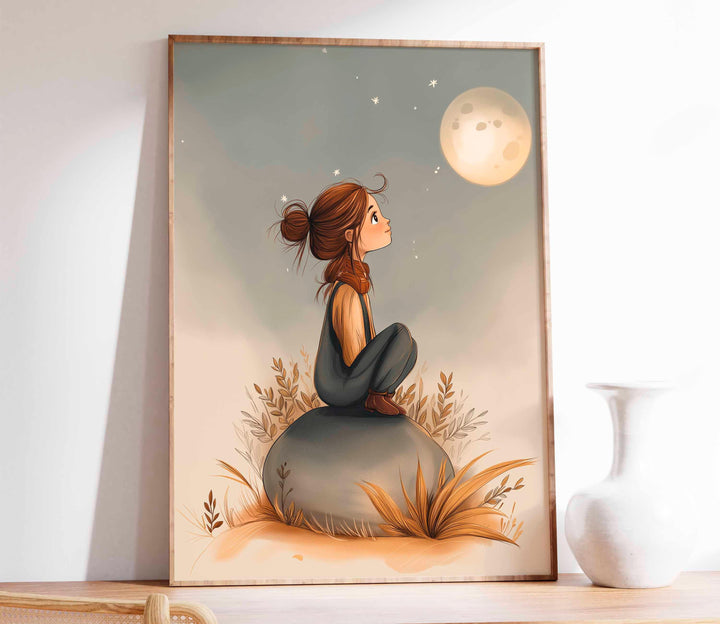 Girl And Moon Whimsical Wall Art, Moon And Stars Celestial Print, Kids Bedroom Home Decor, Birthday Gift For Her, Night Sky Poster