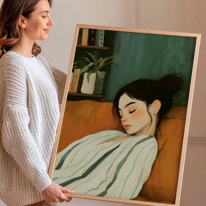 Minimalist Figurative Emerald Green Wall Art, Calm Abstract Woman Illustration, Soft Neutral Resting Figure, Serene Modern Home Décor