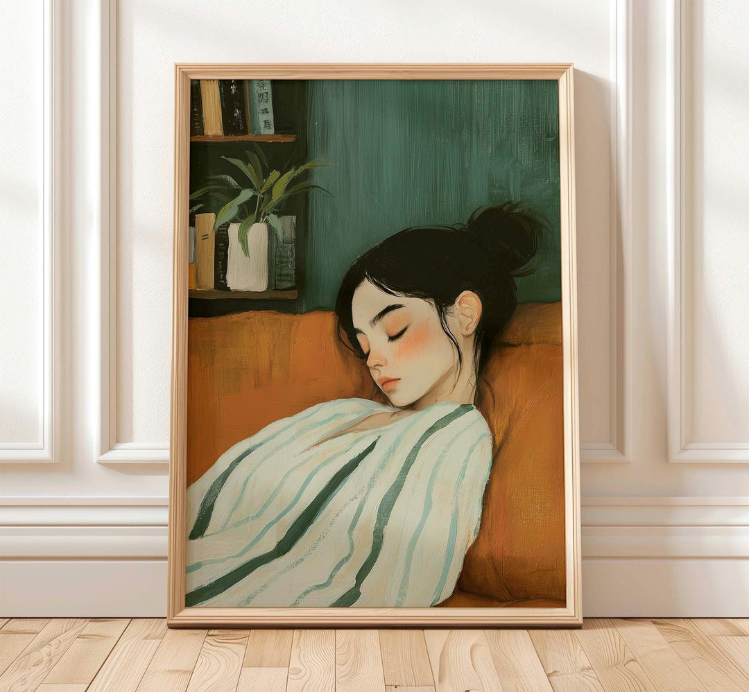 Minimalist Figurative Emerald Green Wall Art, Calm Abstract Woman Illustration, Soft Neutral Resting Figure, Serene Modern Home Décor
