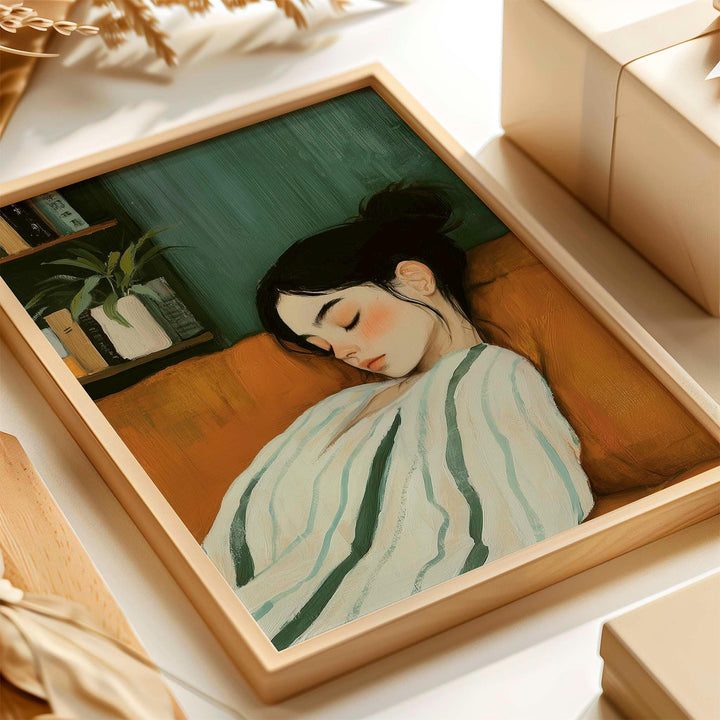 Minimalist Figurative Emerald Green Wall Art, Calm Abstract Woman Illustration, Soft Neutral Resting Figure, Serene Modern Home Décor