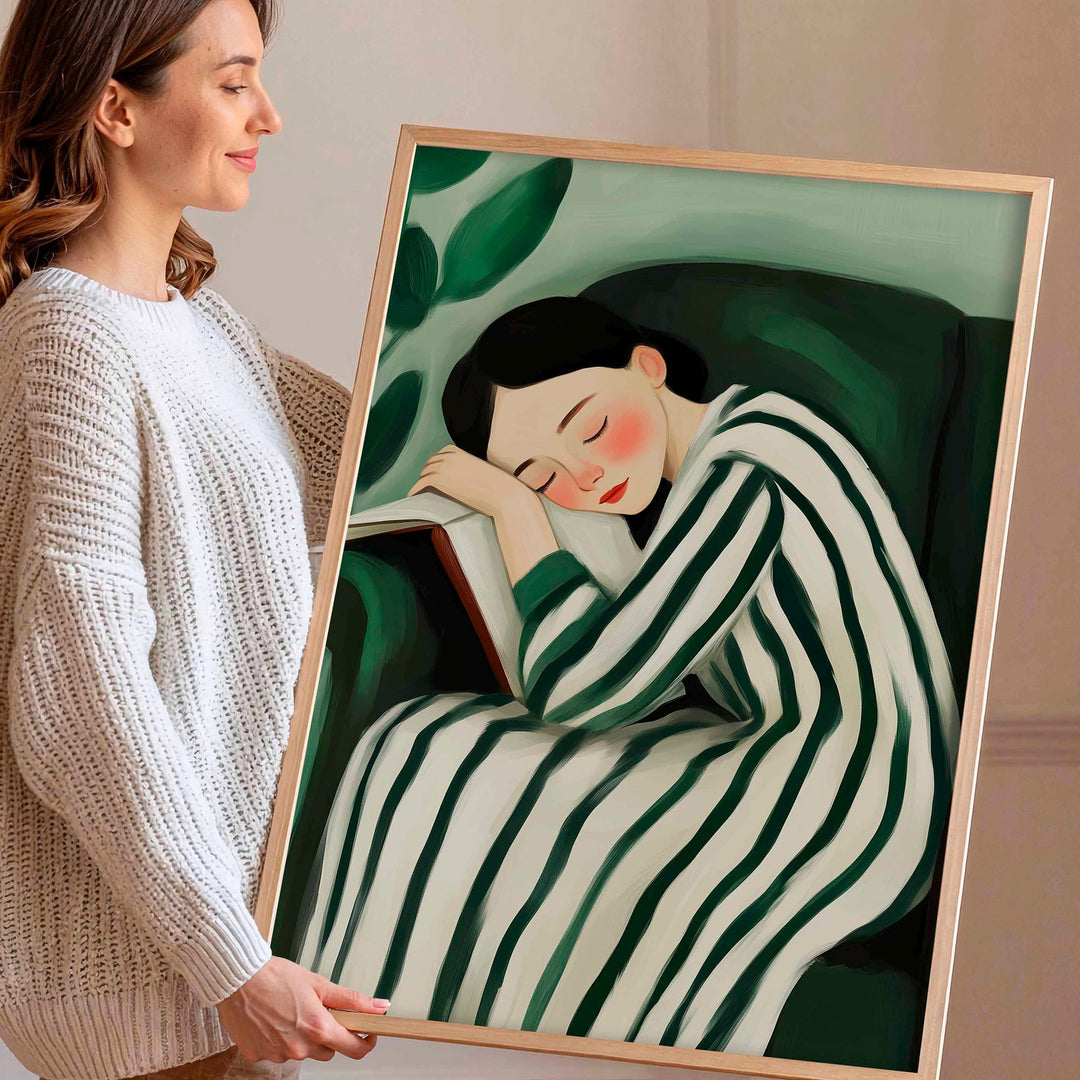 Serene Abstract Figurative Striped Wall Art, Woman Resting Illustration, Calm Painterly Emerald Green Figure Print, Neutral Self Care Décor
