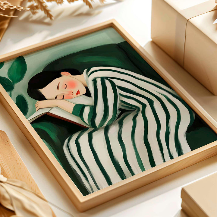 Serene Abstract Figurative Striped Wall Art, Woman Resting Illustration, Calm Painterly Emerald Green Figure Print, Neutral Self Care Décor