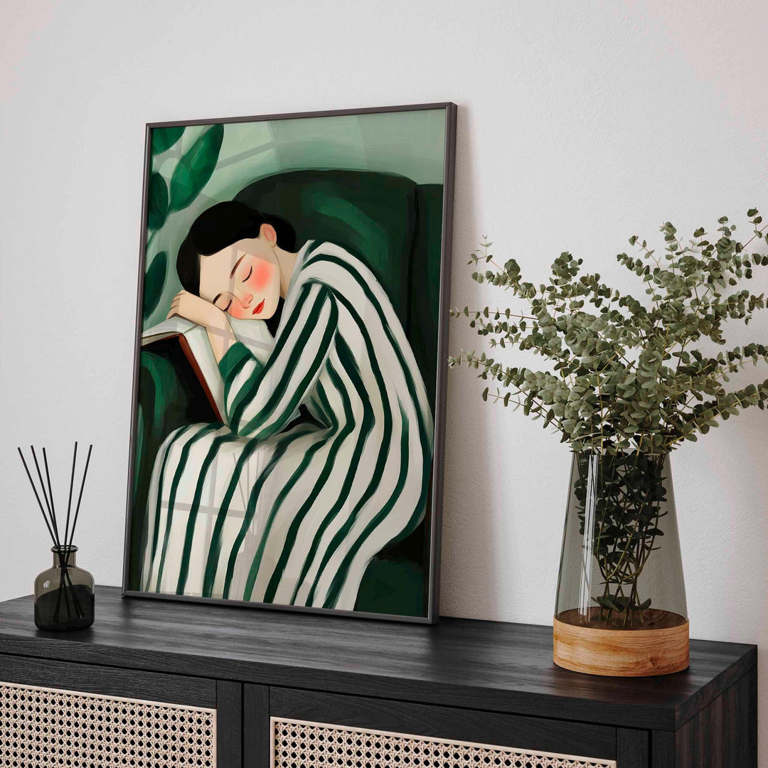 Serene Abstract Figurative Striped Wall Art, Woman Resting Illustration, Calm Painterly Emerald Green Figure Print, Neutral Self Care Décor