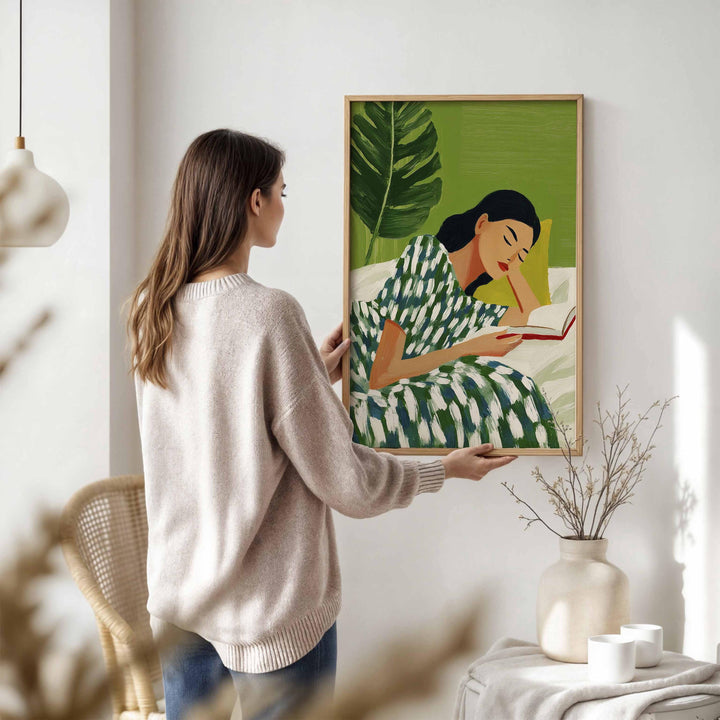 Abstract Woman Reading Wall Art, Calm Figurative Illustration, Modern Botanical Home Décor, Serene Self Care Art Print, Book Art Gift