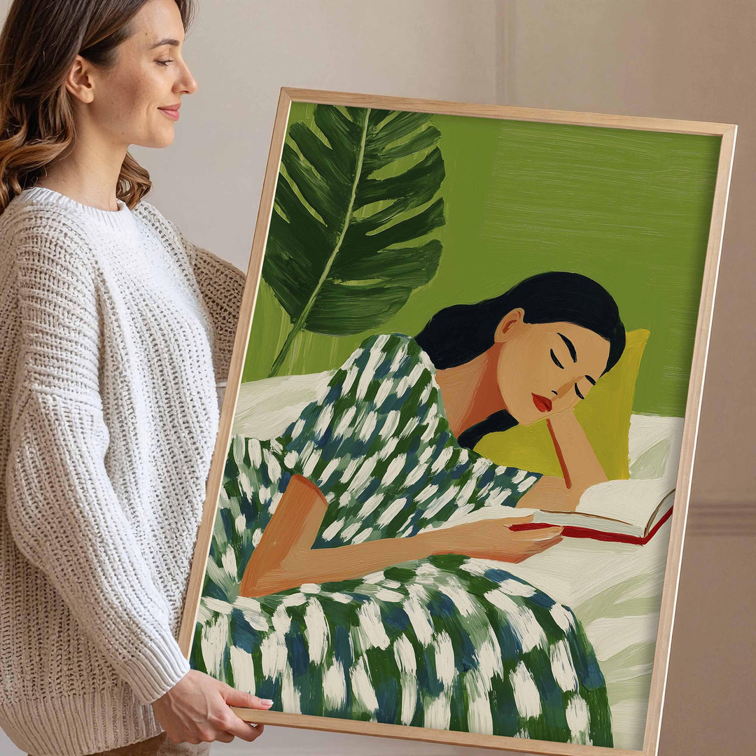 Abstract Woman Reading Wall Art, Calm Figurative Illustration, Modern Botanical Home Décor, Serene Self Care Art Print, Book Art Gift