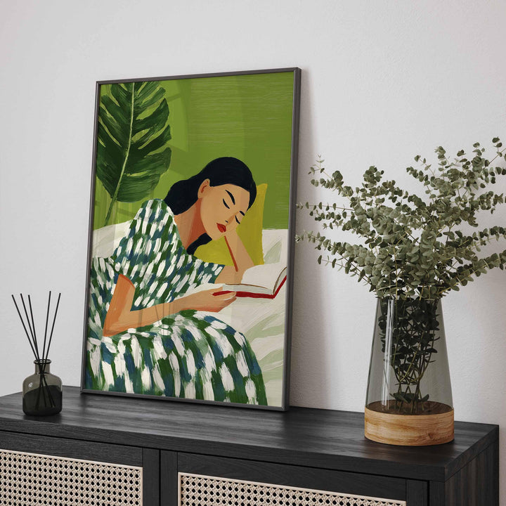 Abstract Woman Reading Wall Art, Calm Figurative Illustration, Modern Botanical Home Décor, Serene Self Care Art Print, Book Art Gift
