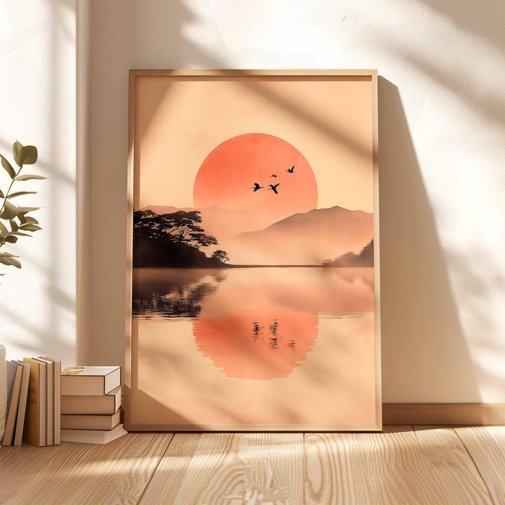 Vintage Asian Ink Wash Wall Art, Sumi‑e Landscape and Birds Print, Misty Mountain and Rising Sun Art, Serene Japanese Inspired Décor