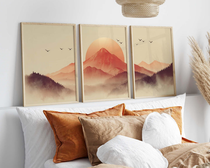 Japanese Mountains Set of 3 Wall Art Prints, Modern Asian Landscape Print Set, Contemporary Triptych Rising Sun Minimalist Zen Home Décor