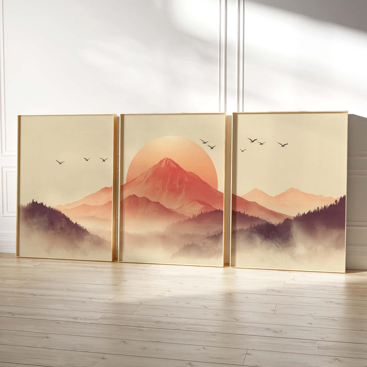 Japanese Mountains Set of 3 Wall Art Prints, Modern Asian Landscape Print Set, Contemporary Triptych Rising Sun Minimalist Zen Home Décor