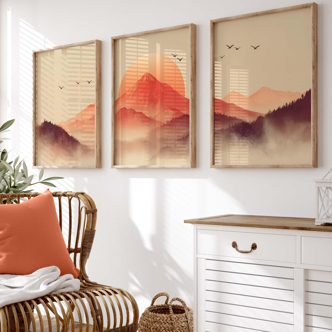 Japanese Mountains Set of 3 Wall Art Prints, Modern Asian Landscape Print Set, Contemporary Triptych Rising Sun Minimalist Zen Home Décor