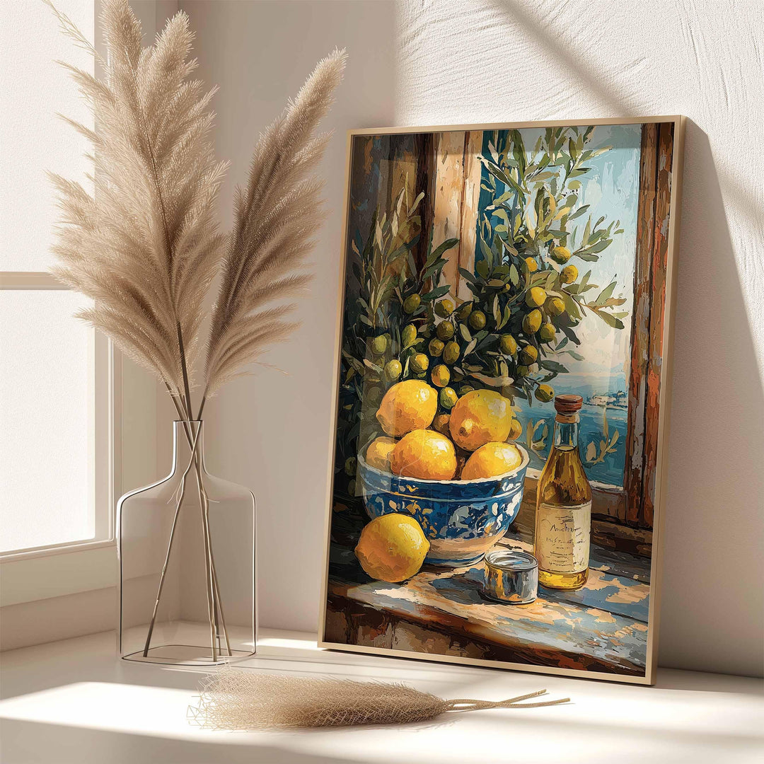 Mediterranean Lemon Wall Art Print, Gouache Still Life Illustration, Italian Kitchen Décor, Blue & Yellow Food Art, Rustic Coastal Poster