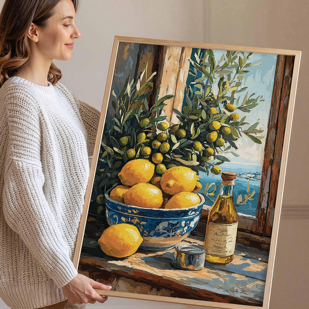 Mediterranean Lemon Wall Art Print, Gouache Still Life Illustration, Italian Kitchen Décor, Blue & Yellow Food Art, Rustic Coastal Poster