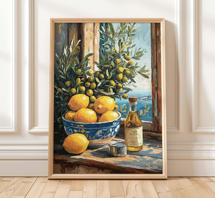 Mediterranean Lemon Wall Art Print, Gouache Still Life Illustration, Italian Kitchen Décor, Blue & Yellow Food Art, Rustic Coastal Poster