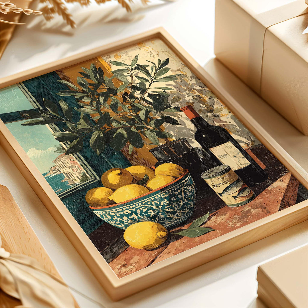 Mediterranean Lemon Wall Art Print, Gouache Still Life Illustration, Italian Kitchen Décor, Blue & Yellow Food Art, Rustic Coastal Poster