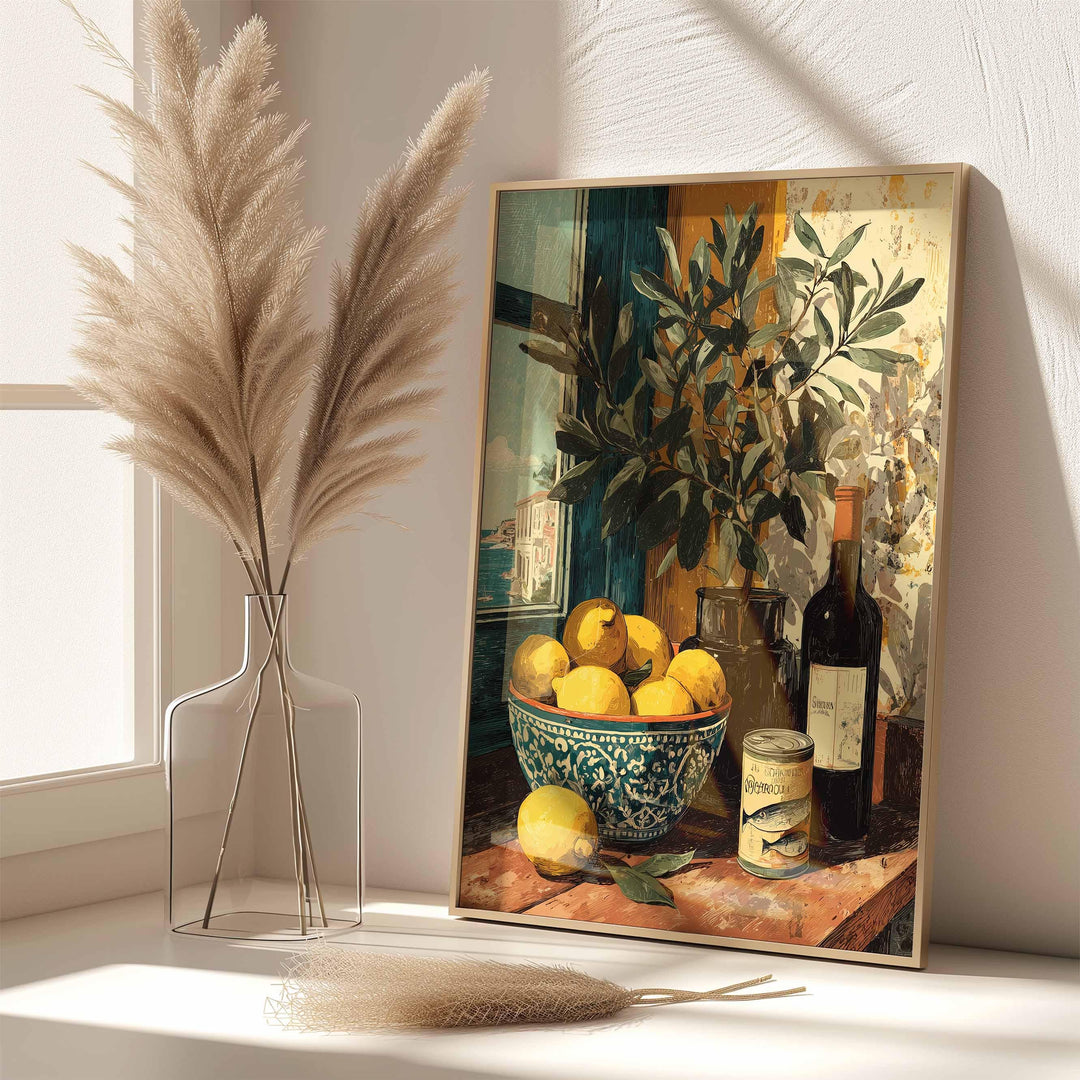Mediterranean Lemon Wall Art Print, Gouache Still Life Illustration, Italian Kitchen Décor, Blue & Yellow Food Art, Rustic Coastal Poster