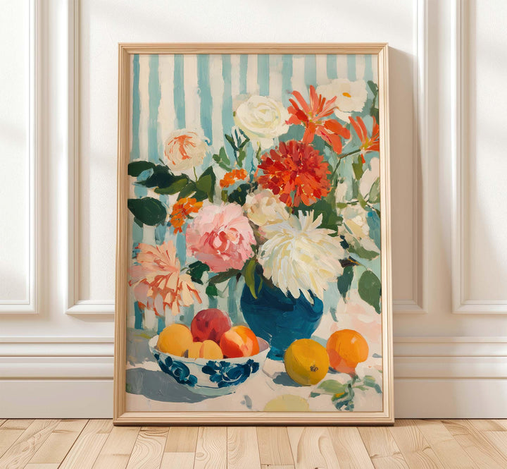 French Country Still Life Wall Art, Gouache Fruit & Flowers Print, Mediterranean Cottagecore Kitchen Décor, Warm Vintage Farmhouse Poster