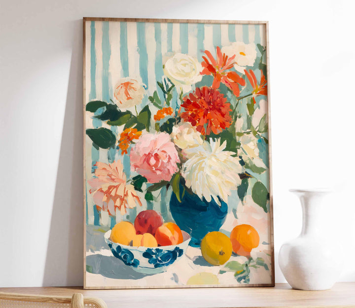 French Country Still Life Wall Art, Gouache Fruit & Flowers Print, Mediterranean Cottagecore Kitchen Décor, Warm Vintage Farmhouse Poster