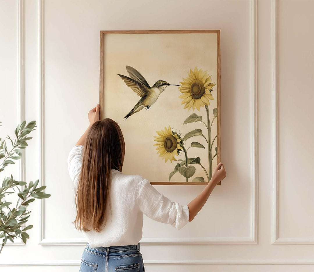 Hummingbird and Sunflower Wall Art Print, Botanical Bird Illustration, Nature Inspired Floral Art, Elegant Neutral Wildlife Home Décor