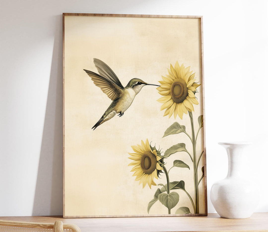 Hummingbird and Sunflower Wall Art Print, Botanical Bird Illustration, Nature Inspired Floral Art, Elegant Neutral Wildlife Home Décor
