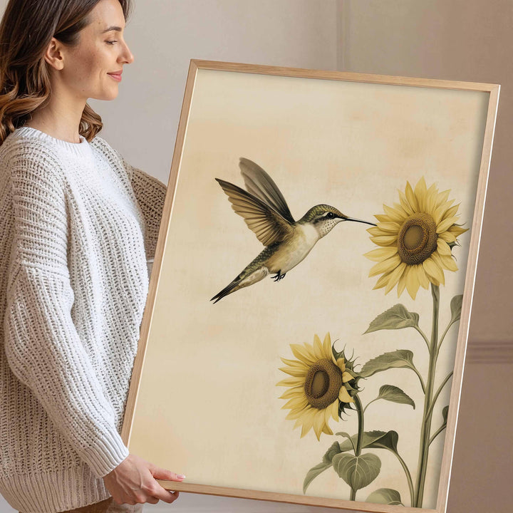 Hummingbird and Sunflower Wall Art Print, Botanical Bird Illustration, Nature Inspired Floral Art, Elegant Neutral Wildlife Home Décor
