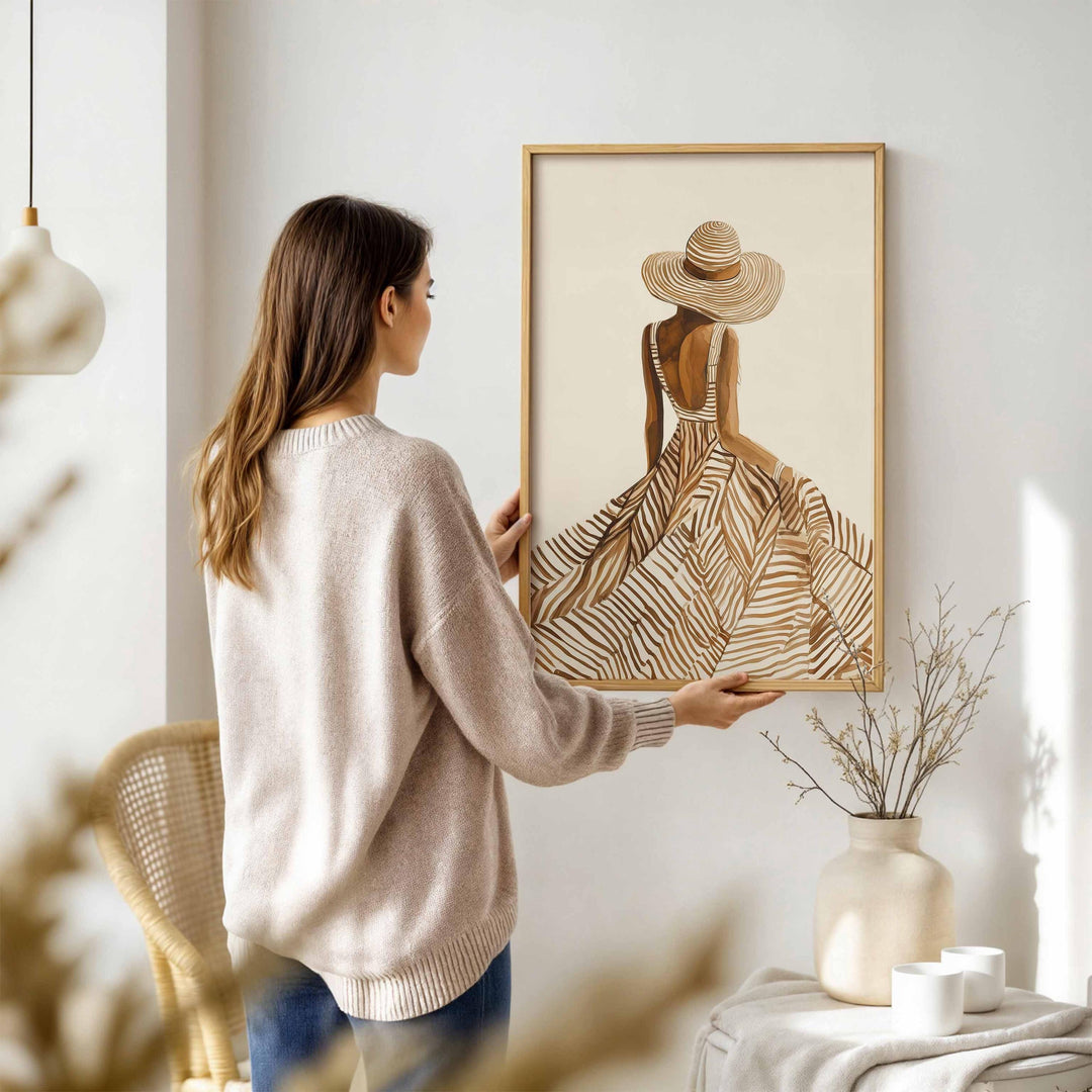 Modern Fashion Line Art Print, Contemporary Female Figure Illustration, Neutral Minimal Wall Art, Elegant Woman & Sun Hat Summer Boho Poster