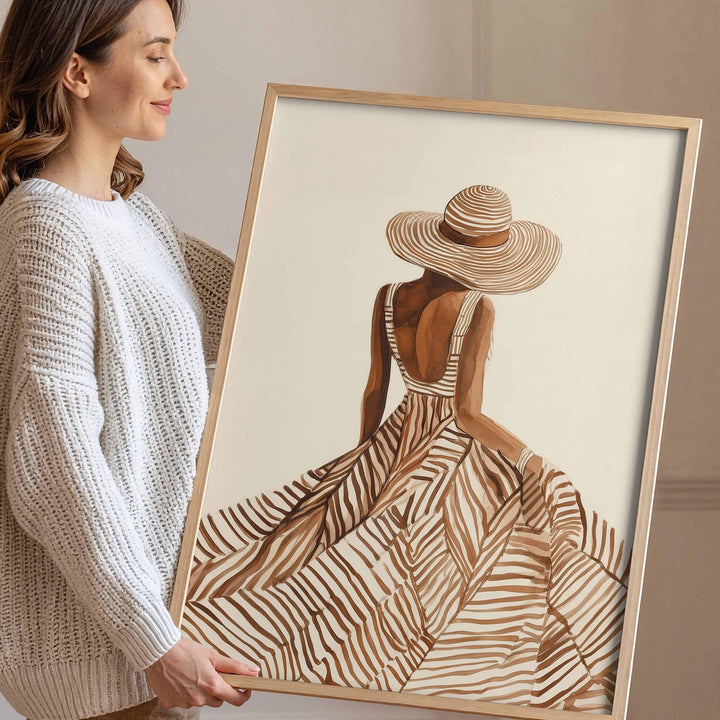 Modern Fashion Line Art Print, Contemporary Female Figure Illustration, Neutral Minimal Wall Art, Elegant Woman & Sun Hat Summer Boho Poster